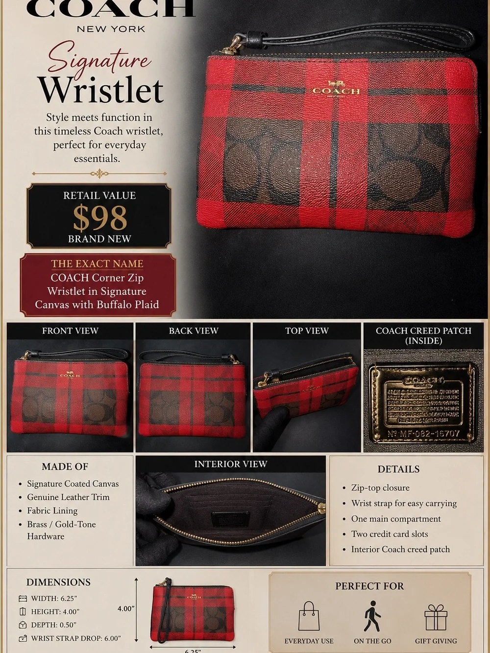 Coach Corner Zip Wristlet in Signature Buffalo 🦬 Canvas Plaid